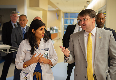 Dr. Veronica Sikka, Chief of Virtual Care, VISN 8 Clinical Contact Center, meets with the Honorable Robert Wilkie, Secretary of Veterans Affairs, at the Orlando VA Medial Center’s emergency department in August 2018.  
