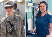 U.S. Army Veteran Nicole Leger pictured in Afghanistan in 2008 and working in her role as a VA nurse with the VISN 8 Clinical Contact Center in July 2023. (Photos courtesy of Nicole Leger)