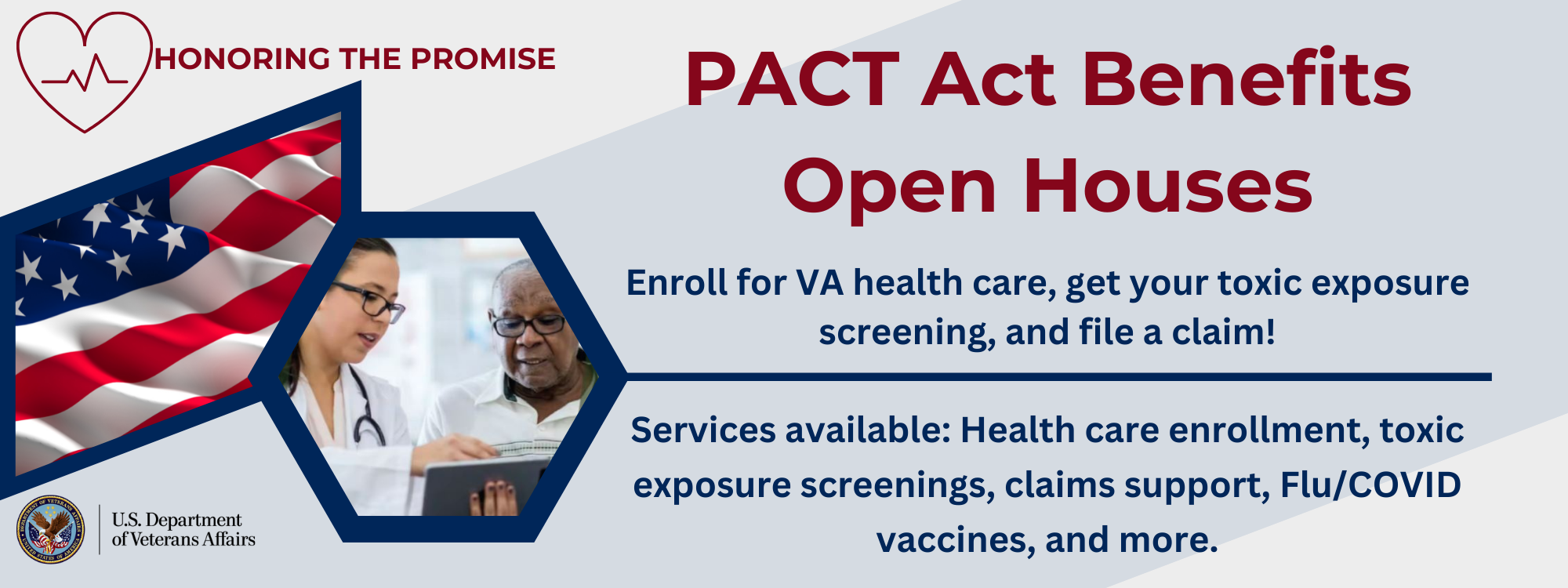 A banner graphic with text promoting PACT Act open houses scheduled VA facilities in December 2022.
